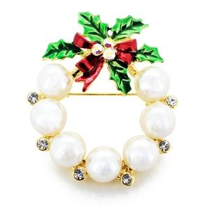 White Pearl Christmas Wreath Swarovski Crystal Pin